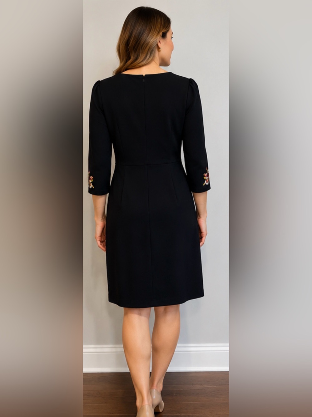 LOFT Black Long Sleeve Sheath Dress with Floral Embroidery - Picture 2 of 9